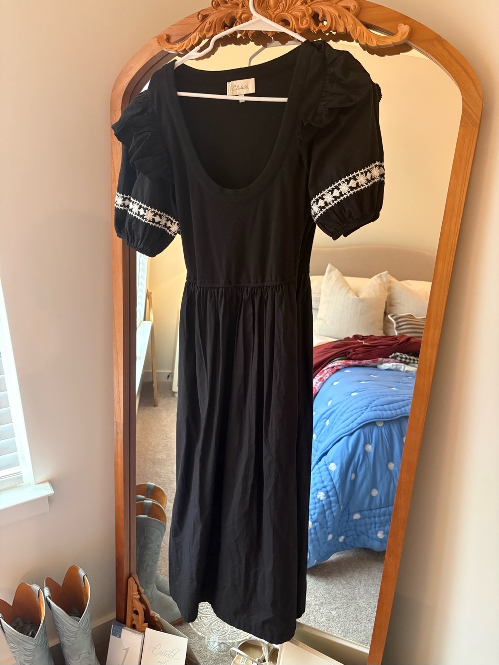 Cleobella Black Puff-Sleeve Midi Dress with Embroidered Trim